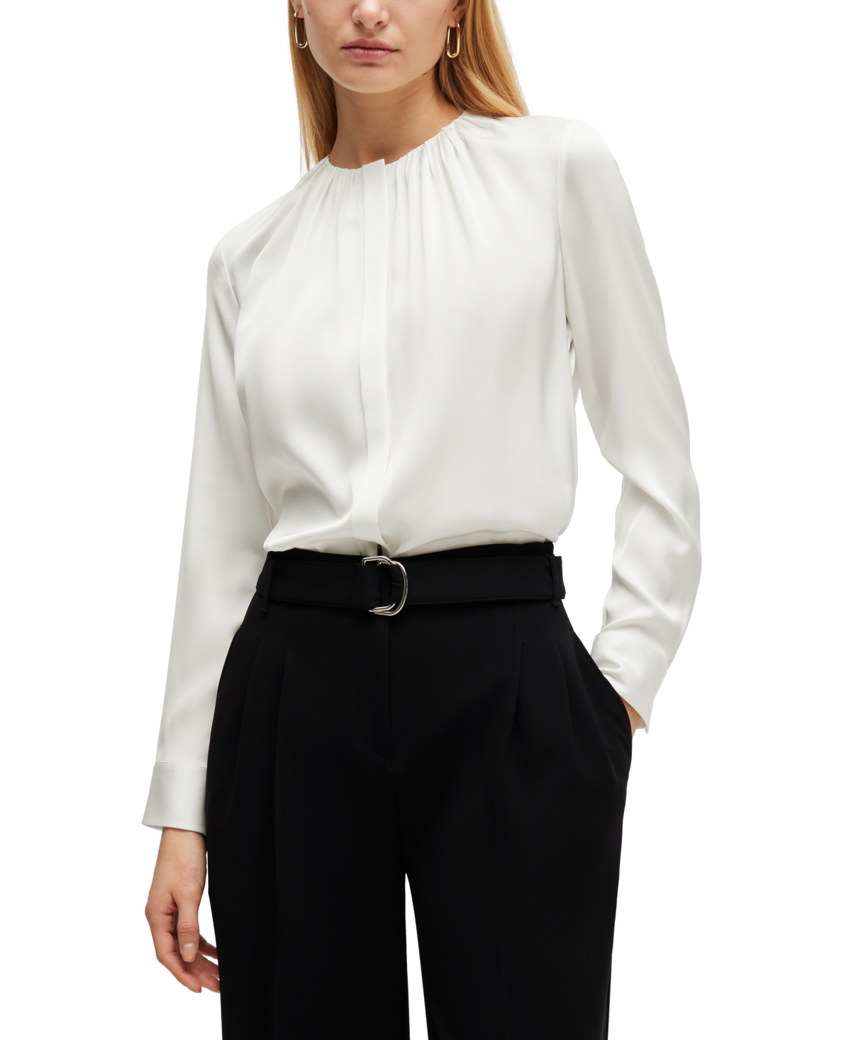Boss by Hugo Boss Women's Stretch-Silk Crepe De Chine Ruched-Neck Top - Open White