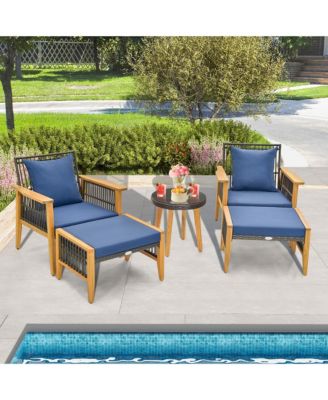 5 Pcs Patio Acacia Wood Wicker Woven Furniture Set with Coffee Table & 2 Ottomans