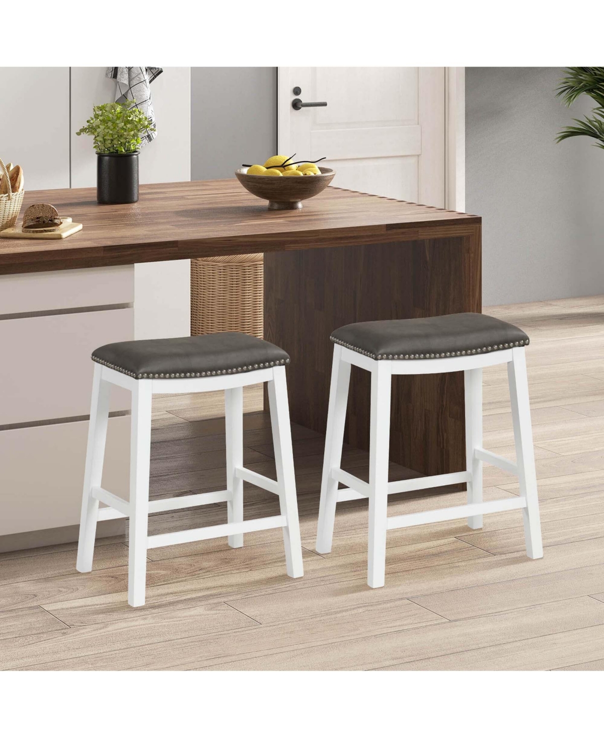 26-Inch Bar Stool Set of 2 Counter Height Saddle Stools with Upholstered Seat