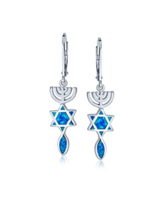 Created Blue Opal Religious Judaica Menorah Hanukkah Star Of David Leverback Dangle Earrings Bat Mitzvah Sterling Silver