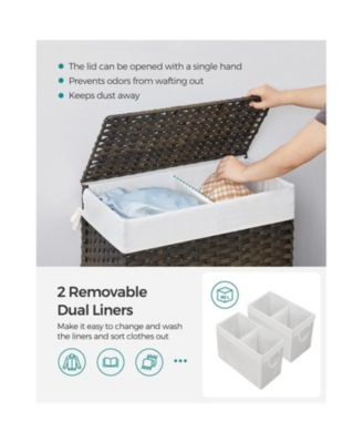 Synthetic Rattan Laundry Hamper with Lid, 2 Sections Removable Liner Bag