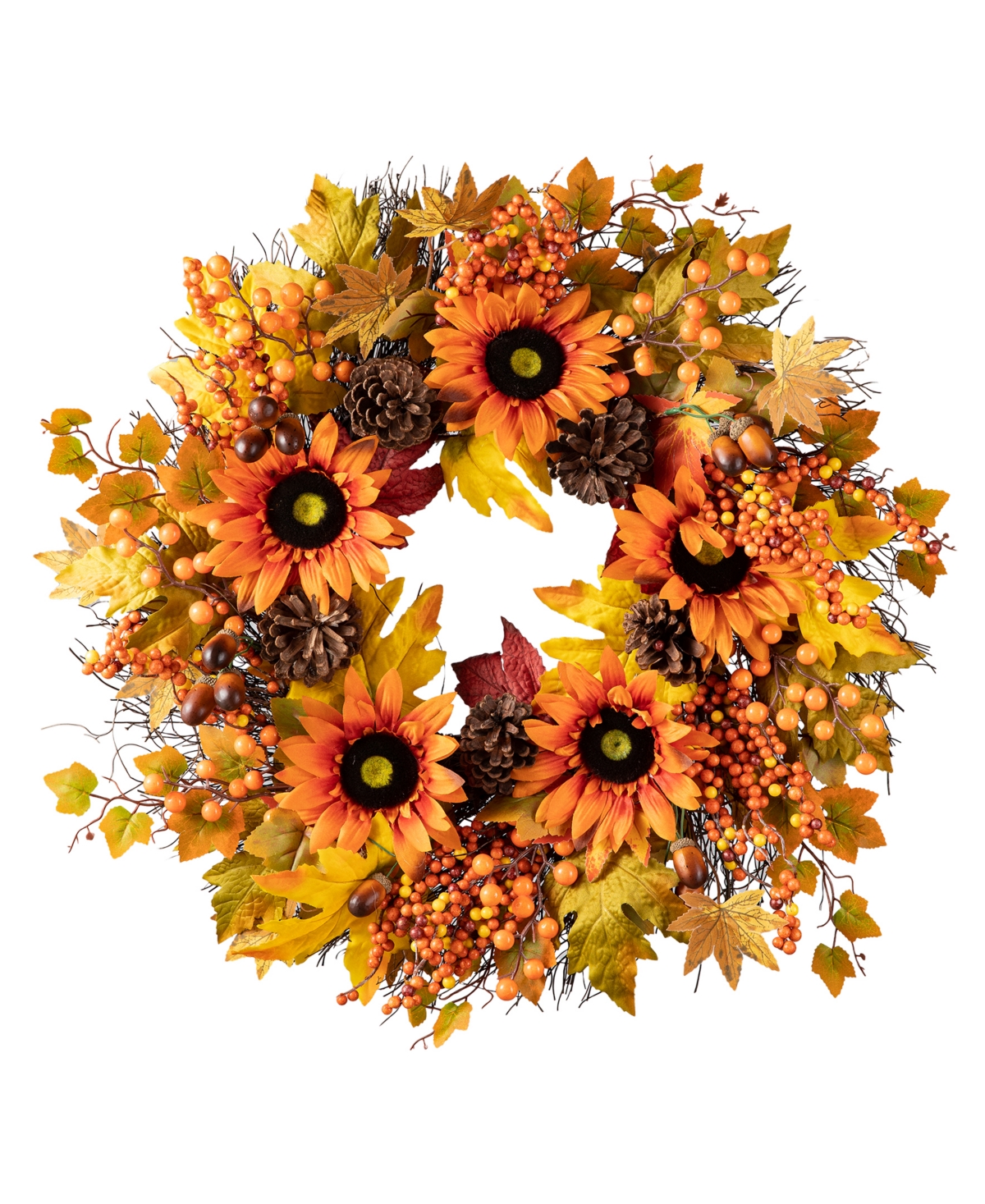 24"D Fall Sunflower, Maple Leaf and Berry Wreath - Multi