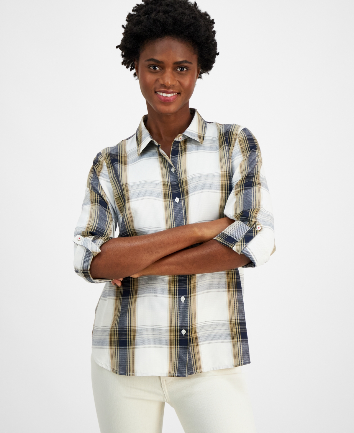 Nautica Jeans Women's Plaid Roll-Tab-Sleeve Button-Front Shirt