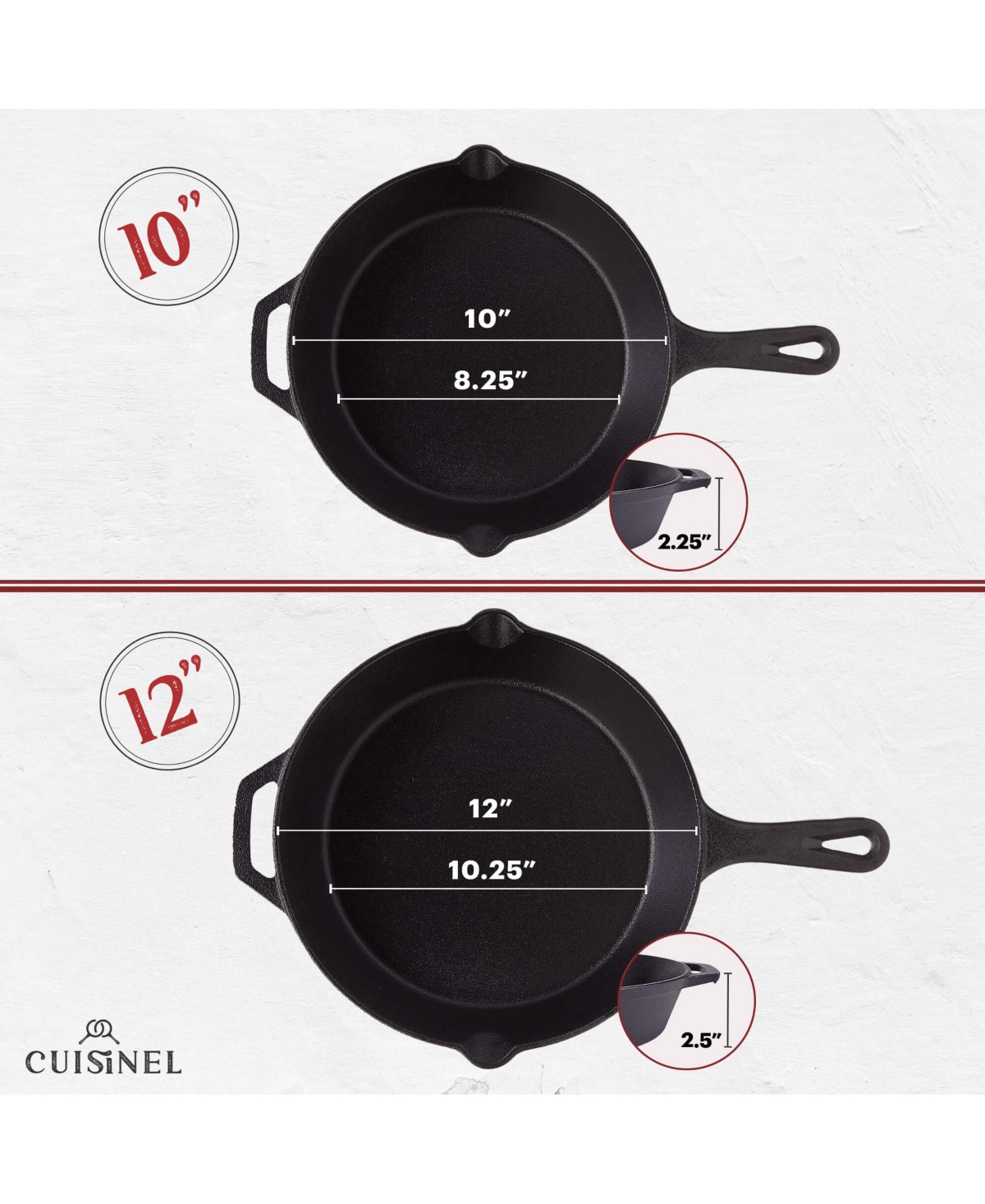 Cuisinel Cast Iron Skillet Set - 4-Piece Chef Pan - 6