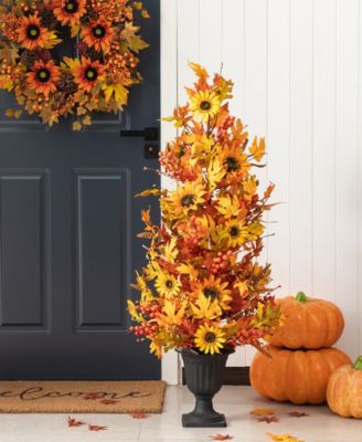48"H Fall Lighted Maple Leaf and Sunflower Urn Porch Tree with Timer