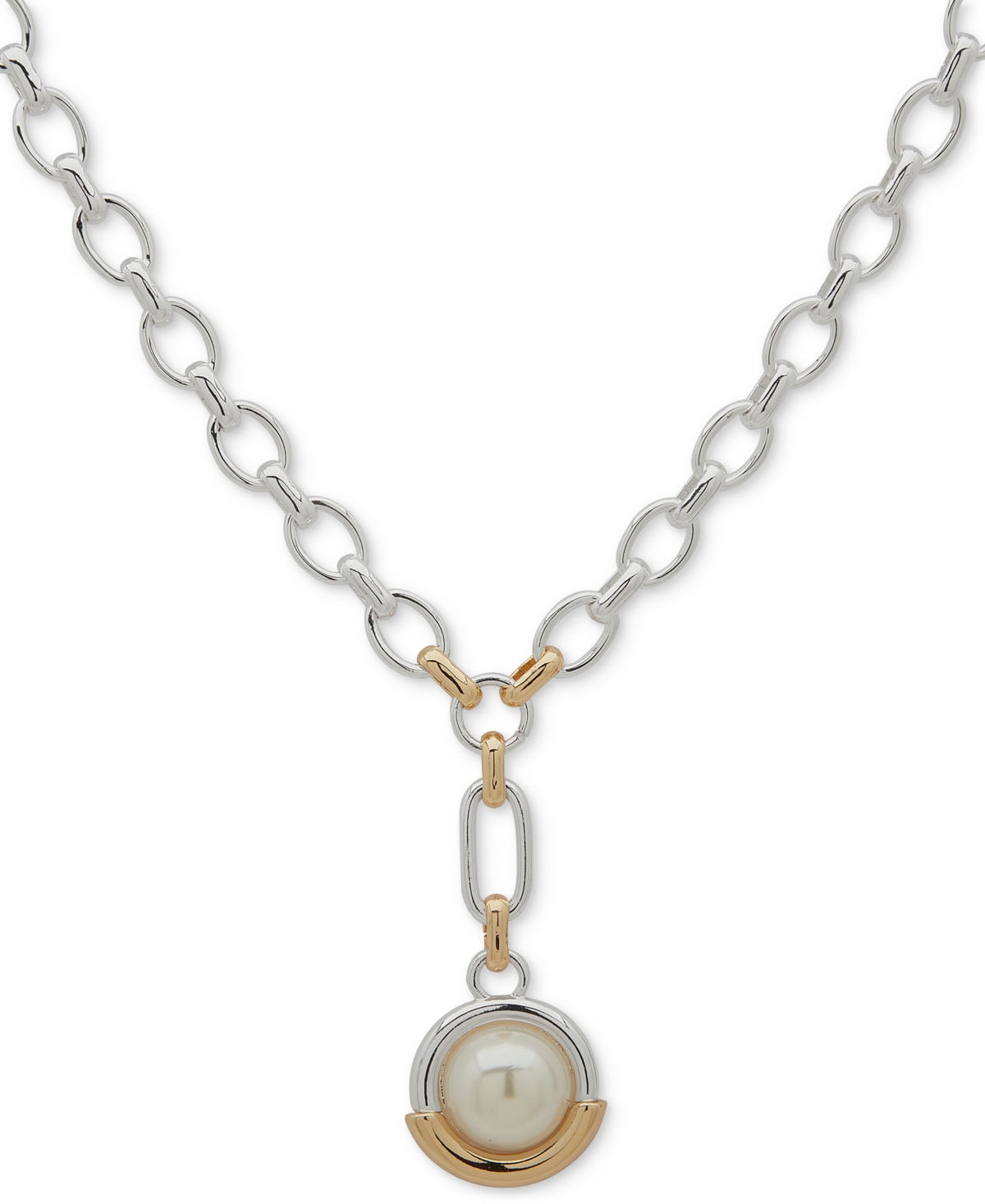 Two-Tone Imitation Pearl Ring Lariat Necklace, 18" + 3" extender - Pearl