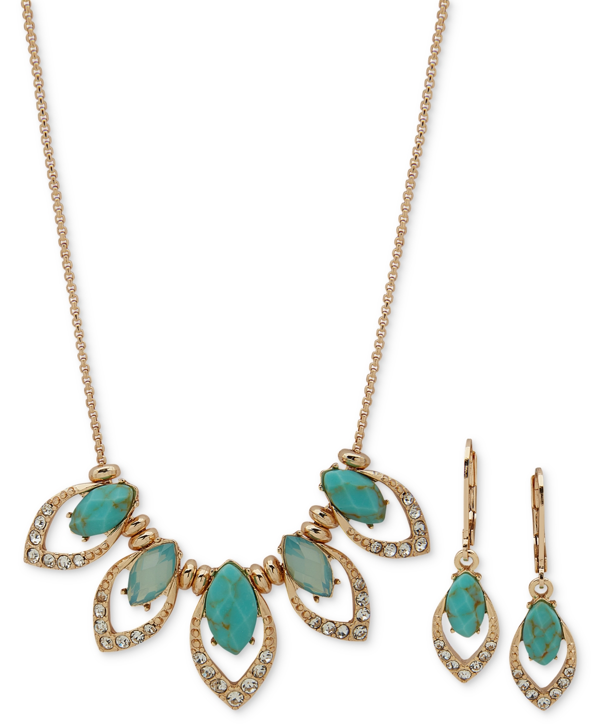 Gold-Tone Pave & Navette Stone Statement Necklace & Drop Earrings Set - Turquoise