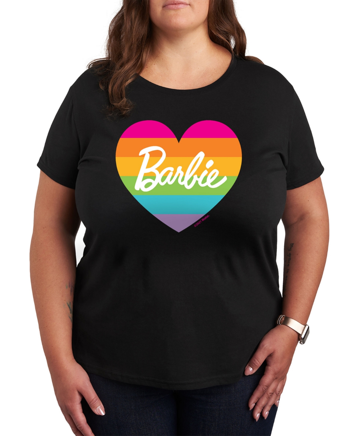 Trendy Plus Size Pride Barbie Rainbow Heart Graphic T-Shirt - Black