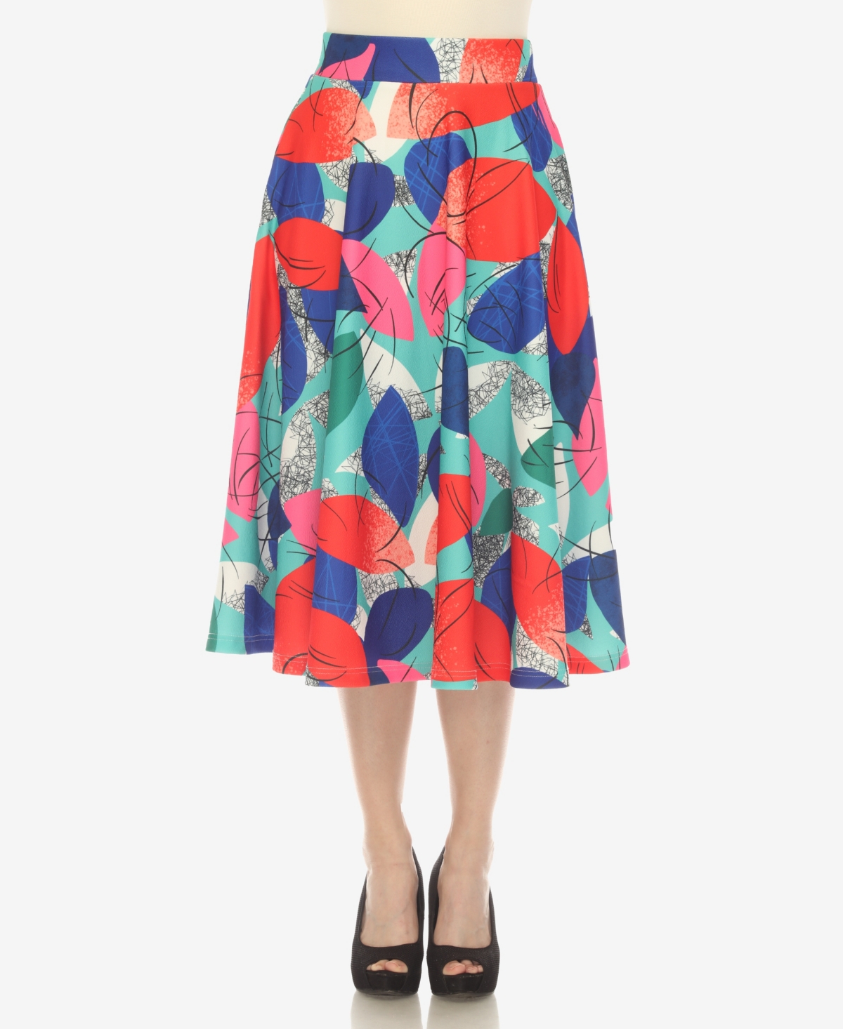 White Mark Women's Leaf Print Vintage Flared Midi Skirt In Red
