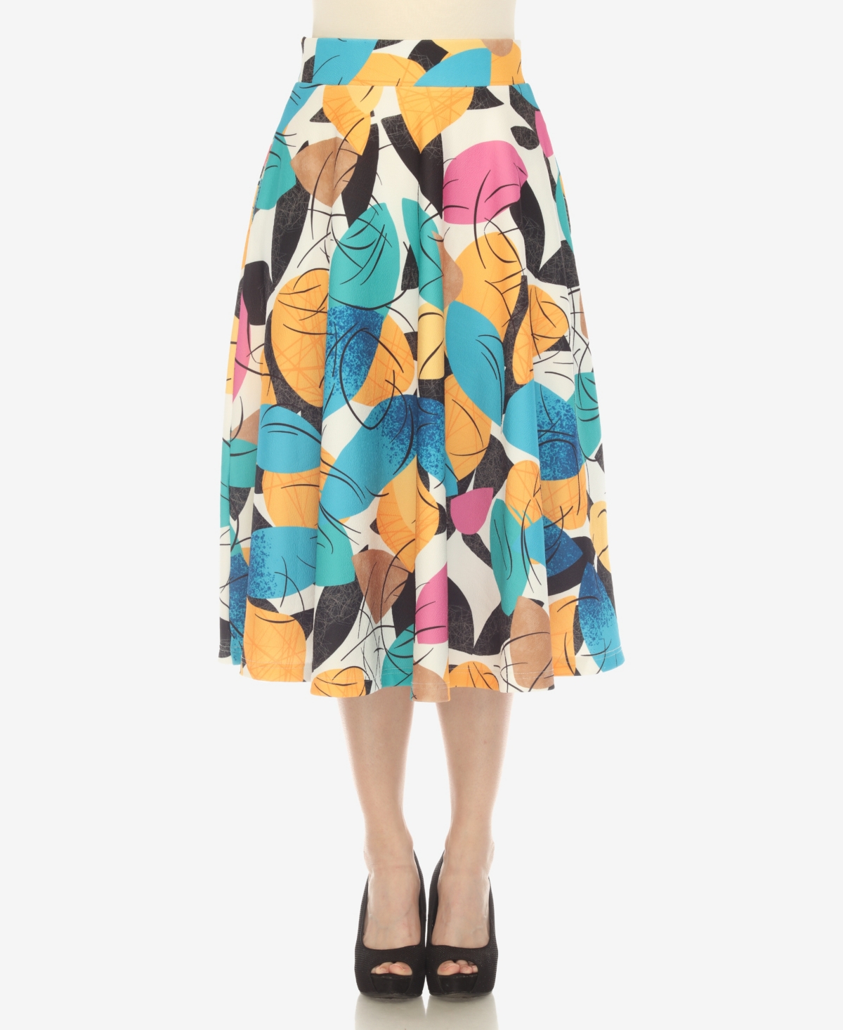 White Mark Women's Leaf Print Vintage Flared Midi Skirt In Yellow