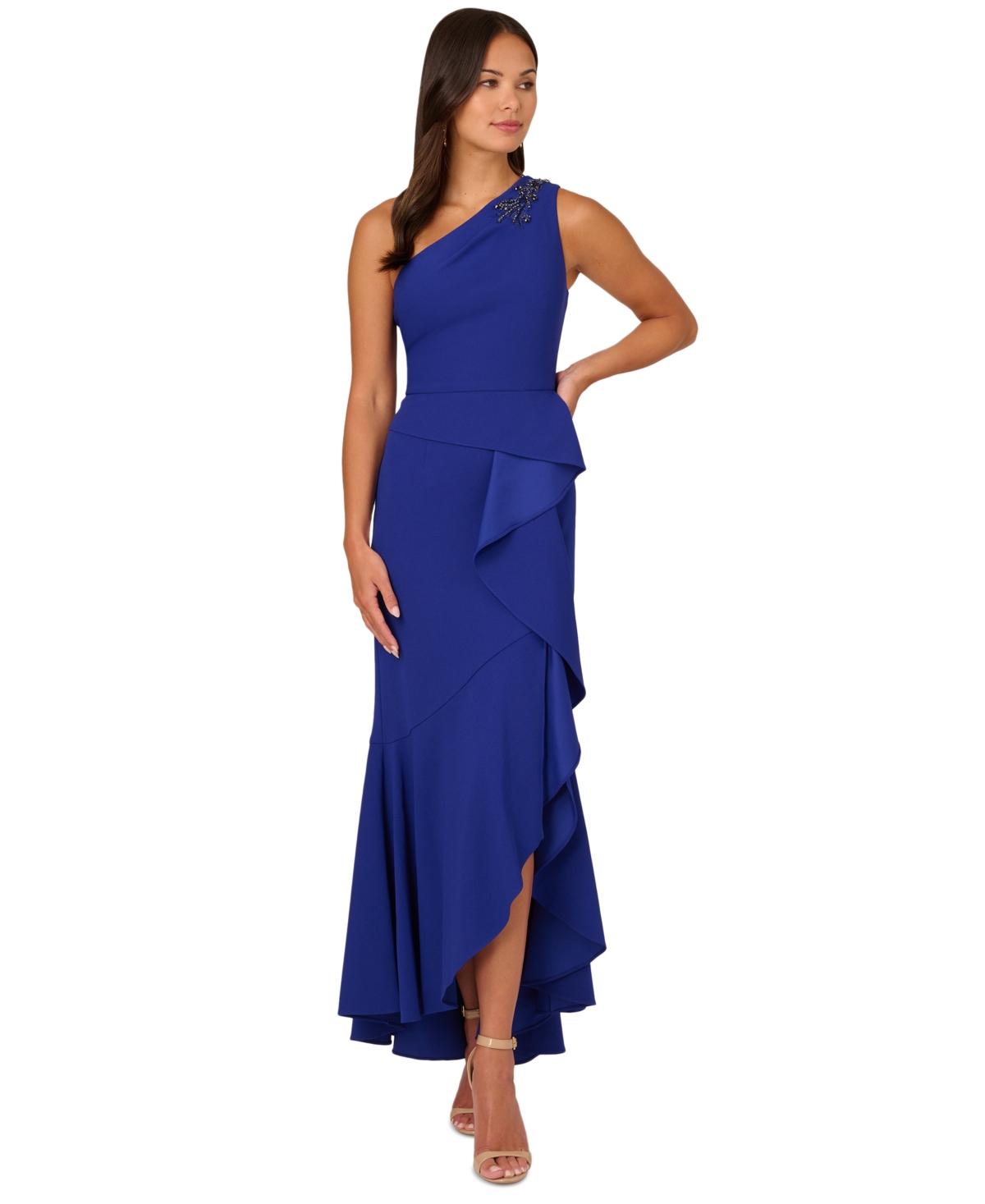 Adrianna Papell Petite Beaded Ruffled One-shoulder Gown In Royal Saphire