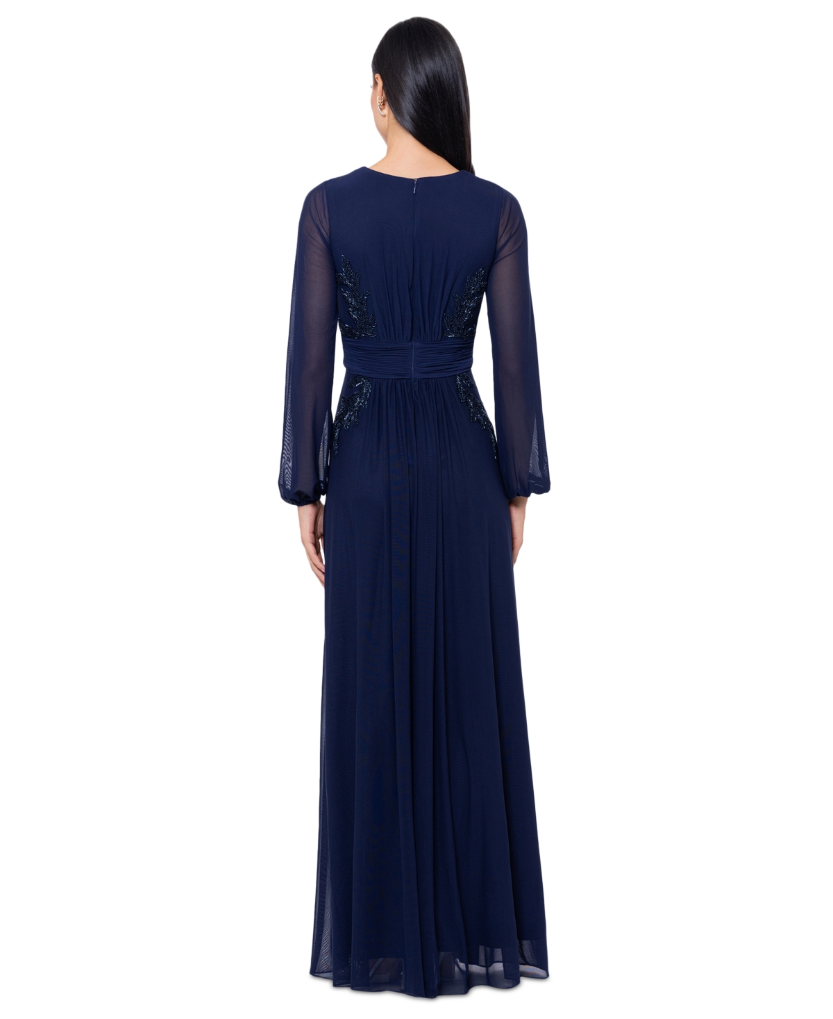 Betsy & Adam Petite V-Neck Side-Beaded Long-Sleeve Gown