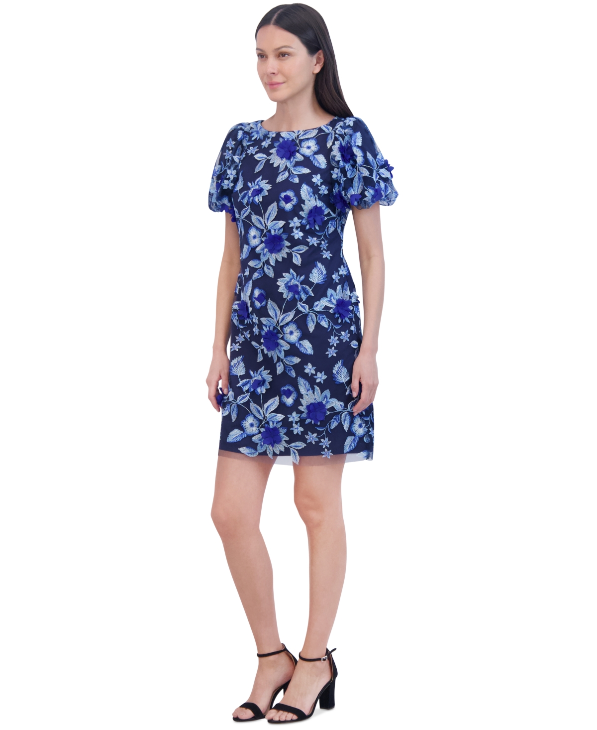 Eliza J Women's Floral Embroidered Puff-sleeve Sheath Dress In Navy Multi