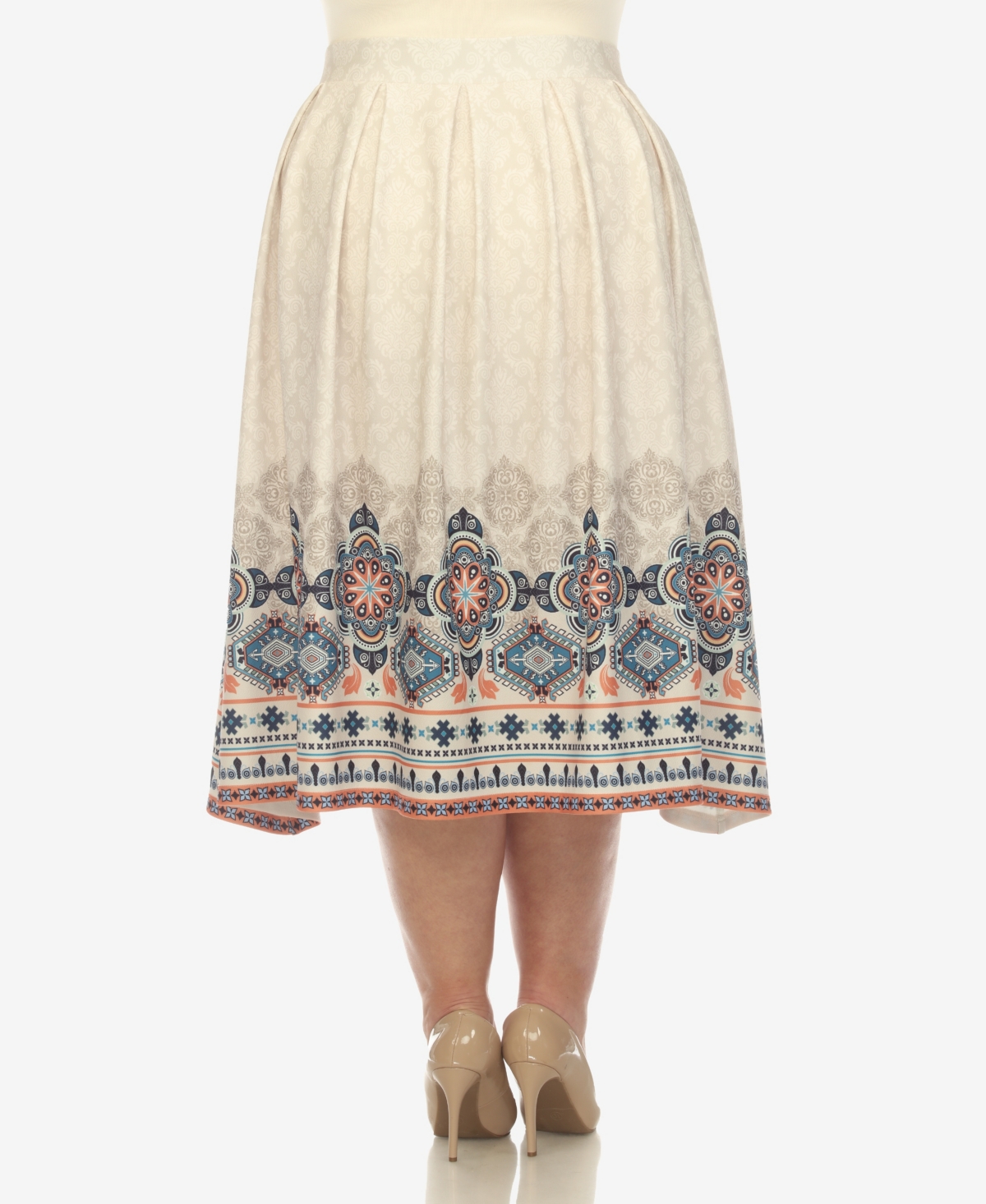 White Mark Plus Size Pleated Skirt With Border Print In Beige