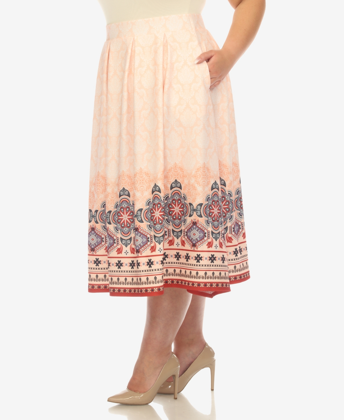 White Mark Plus Size Pleated Skirt With Border Print In Orange