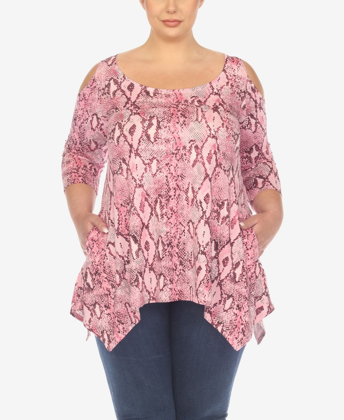 Plus Size Snake Print Cold Shoulder Tunic Top - White