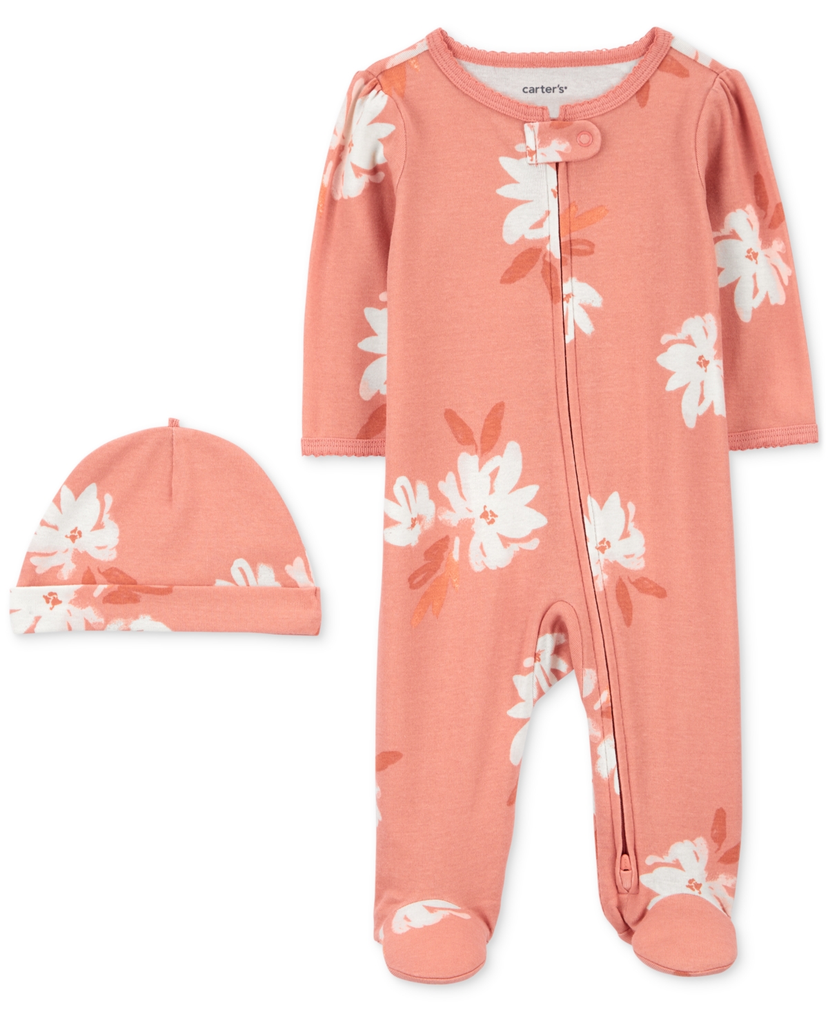 Shop Carter's Baby Girls Cotton Floral-print Footed Sleep & Play Coverall & Cap, 2 Piece Set In Pink