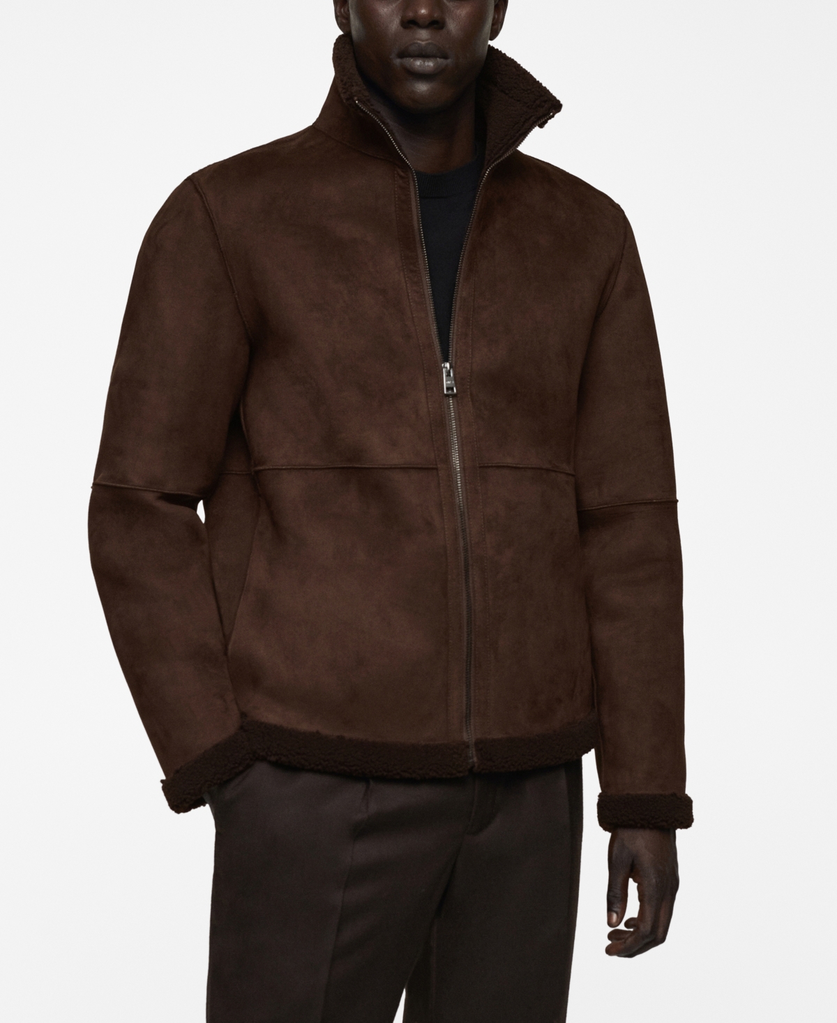 Men's Shearling-Lined Leather-Effect Jacket - Chocolate