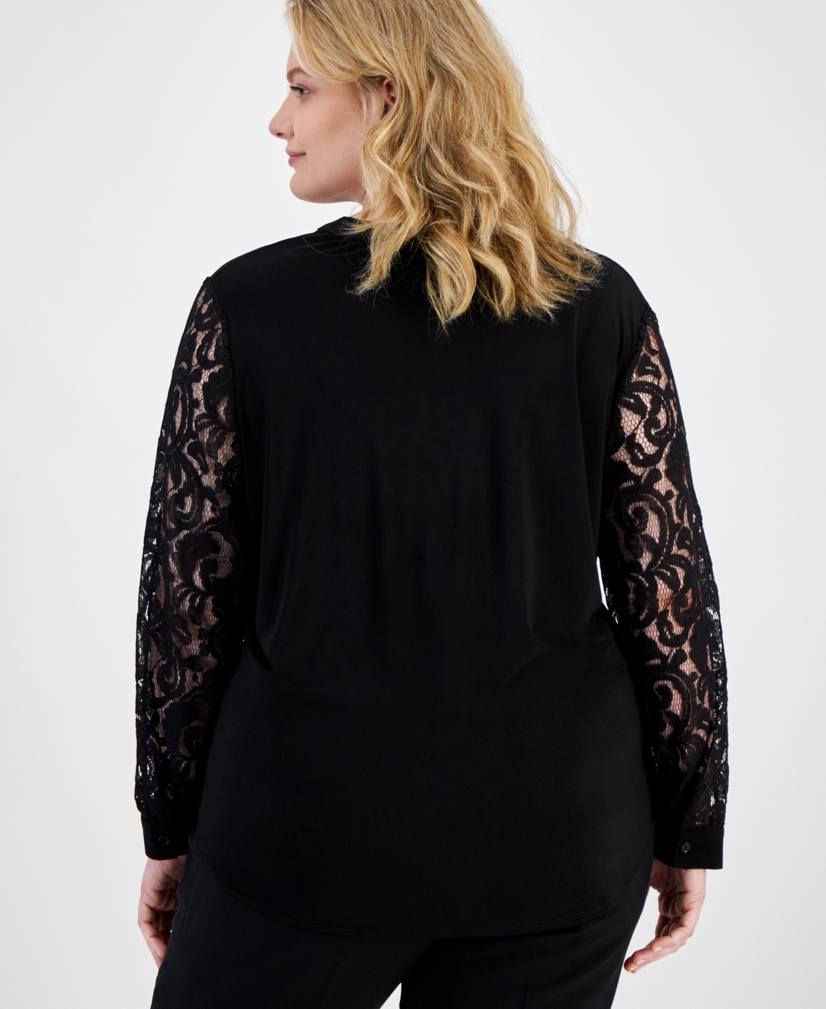 Kasper Plus Size Lace-Sleeve Split-Neck Top
