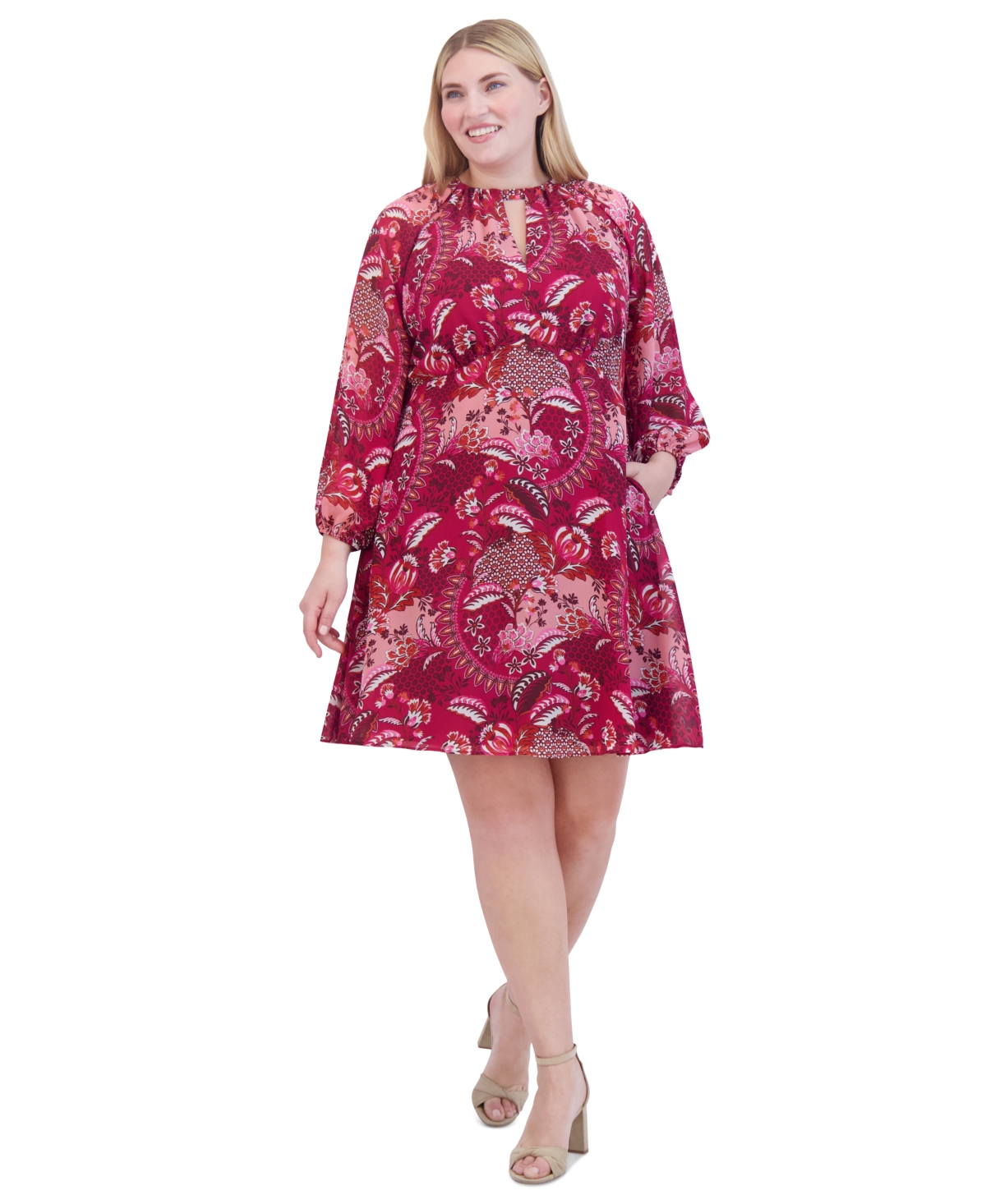 Plus Size Paisley-Print Keyhole Fit & Flare Dress - Wine Multi