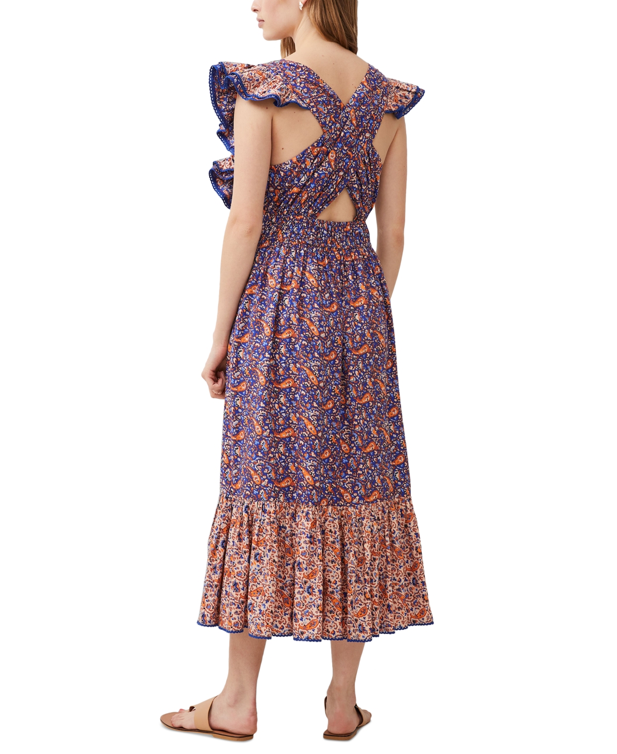 Shop French Connection Women's Printed Ruffled Sleeveless Midi Dress In Royal Blue