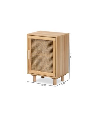 Maclean Mid-Century Modern Rattan and Natural Brown Finished Wood 1-Door End Table