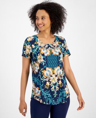 JM Collection - Women's Oasis Flora Scoop-Neck Short-Sleeve Top,