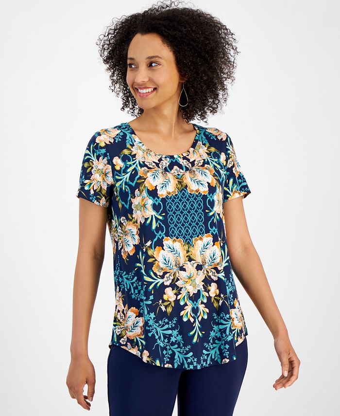 Jm Collection Womens Sequined Scoop Neck Top Blue Size Small 1 main image 1