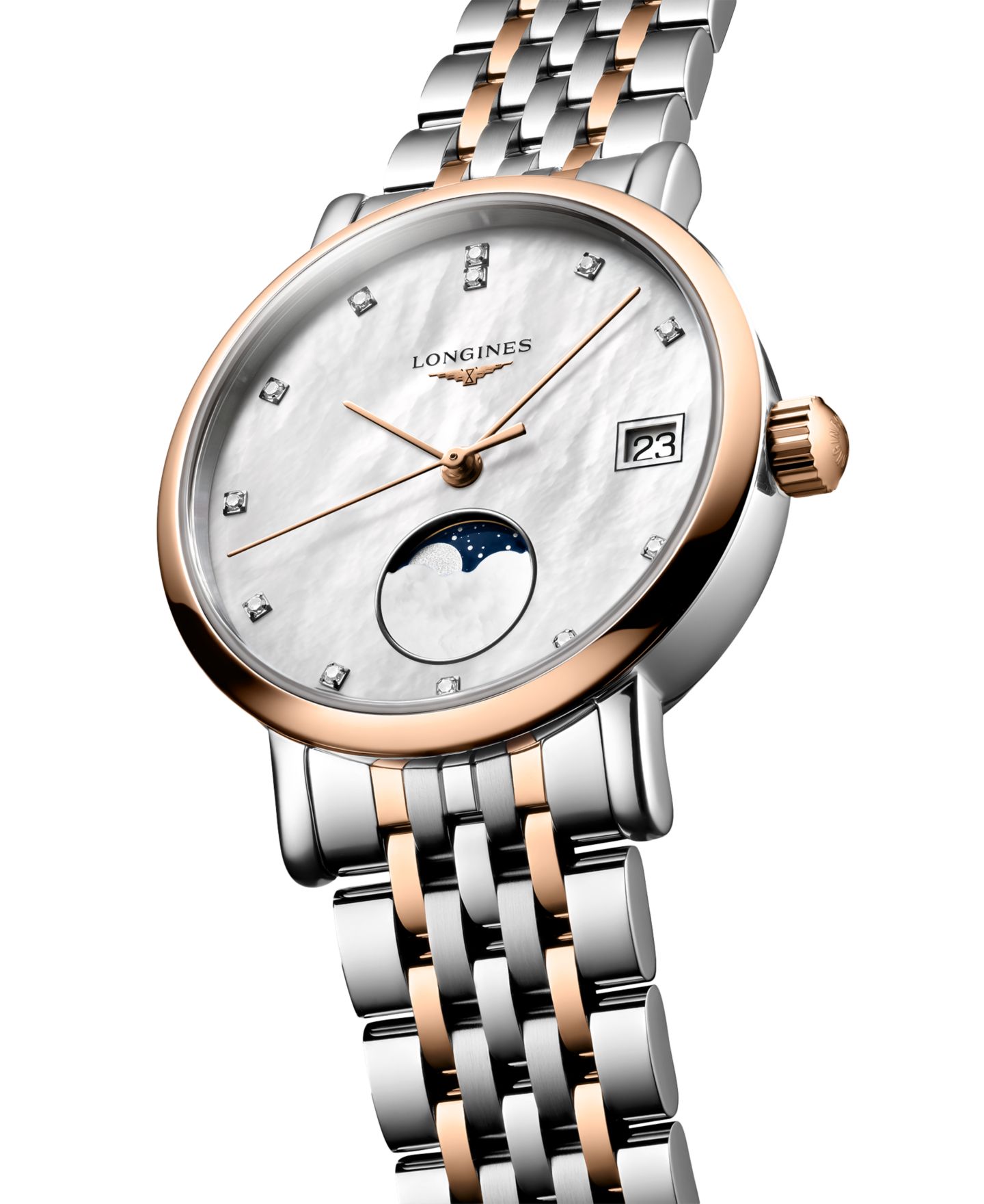 Женские часы Longines Swiss Elegant Moonphase Diamond (1/20 ct. t.w.) Two-Tone Stainless Steel Bracelet Watch 30mm — фото 2