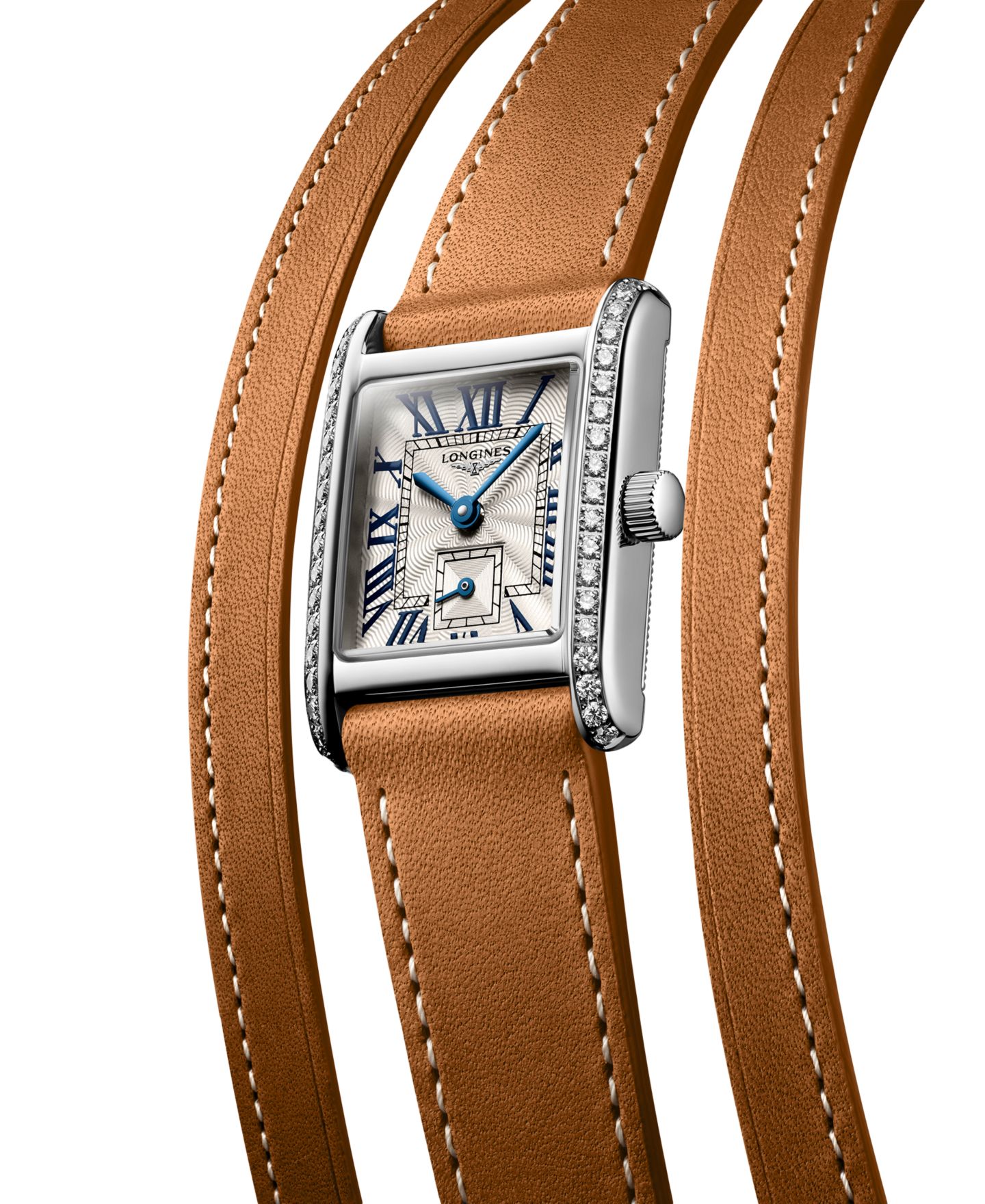 Женские часы Longines Swiss Mini Dolcevita Diamond (3/8 ct. t.w.) Brown Three-Row Leather Strap Watch 29mm — фото 2