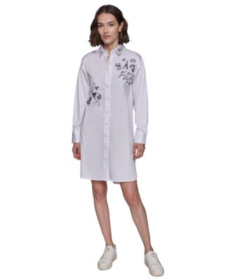 KARL LAGERFELD PARIS - Women's Embroidered Poplin Oversized Button-Down Shirtdress