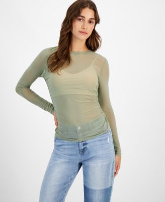 Just Polly - Juniors' Side-Ruched Long-Sleeve Mesh Top