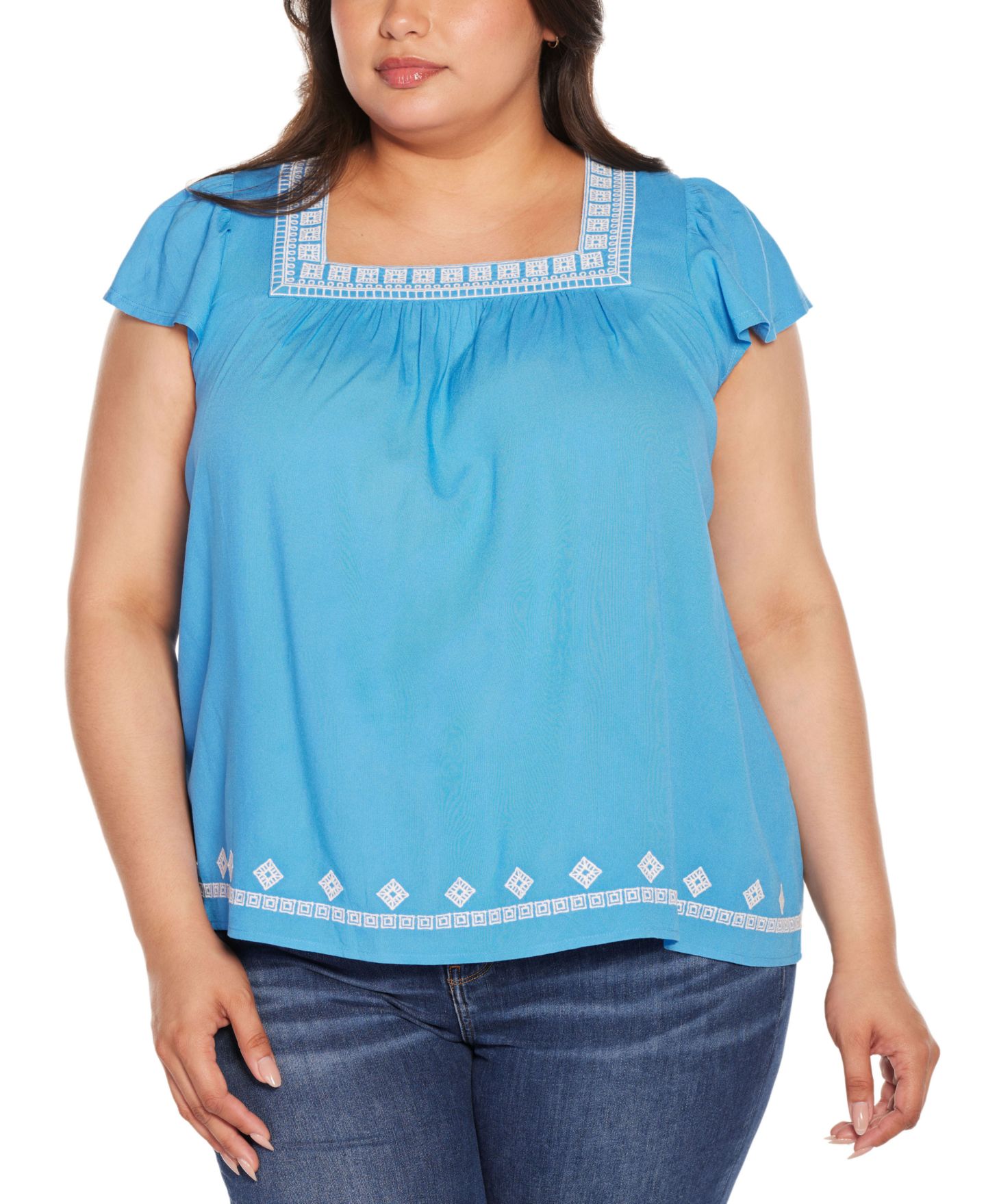 Женский топ Belldini Black Label Plus Size Boho Embroidered Square Neck, цвет: Синий / Белый — фото 1