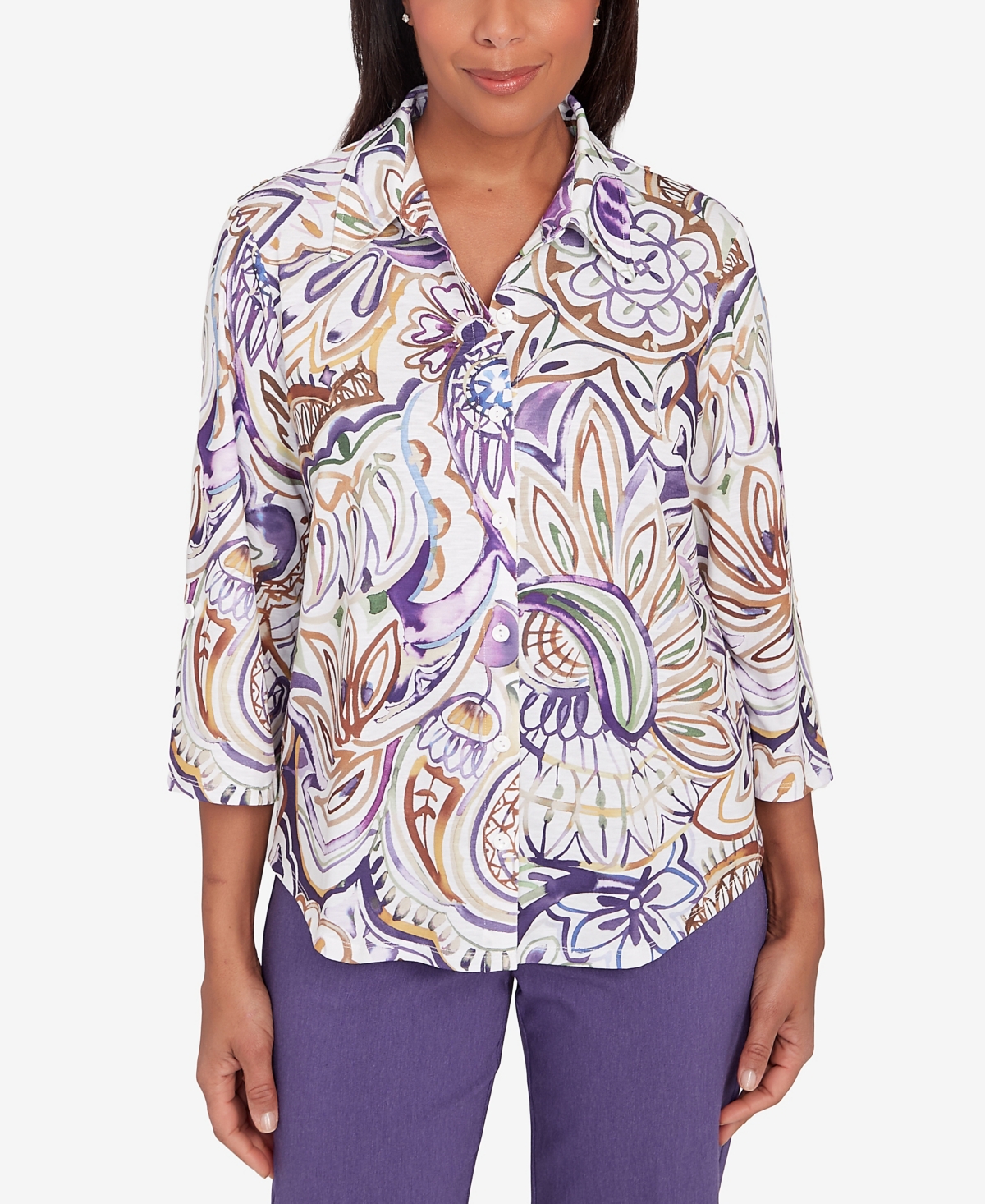 Shop Alfred Dunner Petite Charm School Drama Paisley Button Front Top In Multi