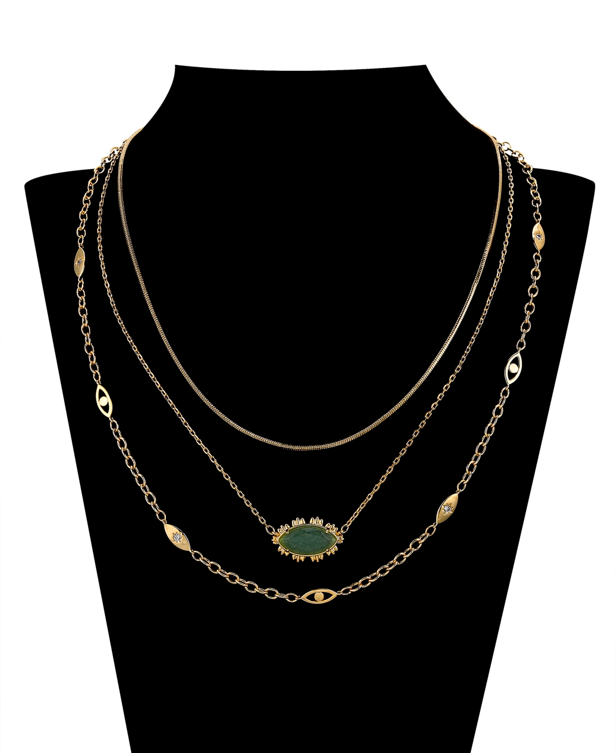 Shop Unwritten Cubic Zirconia Green Aventurine Evil Eye Layered Necklace Set In Gold