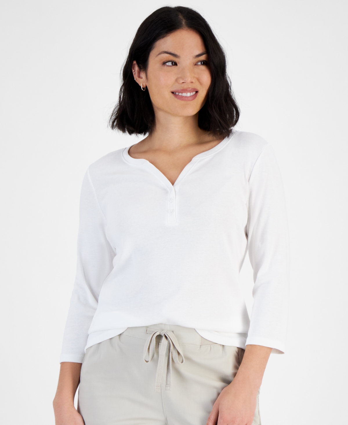 Style & Co Petite Cotton Knit Henley 3/4-sleeve Top, Created For Macy's In White