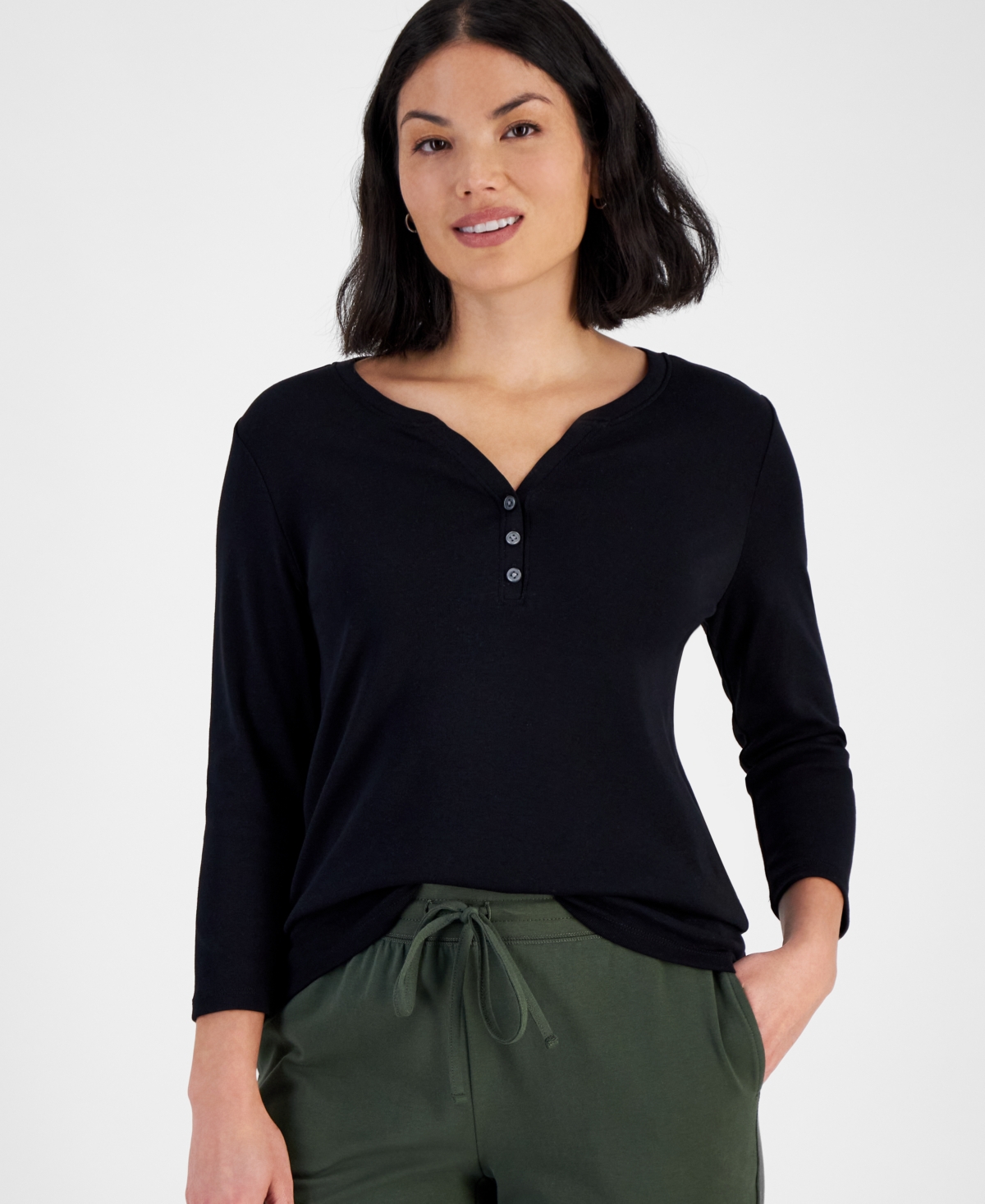 Style & Co Petite Cotton Knit Henley 3/4-sleeve Top, Created For Macy's In Black