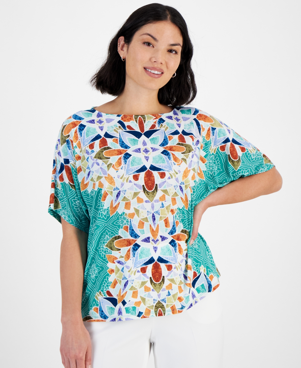 JM COLLECTION PETITE PRINTED DOLMAN-SLEEVE TOP, CREATED FOR MACY'S 