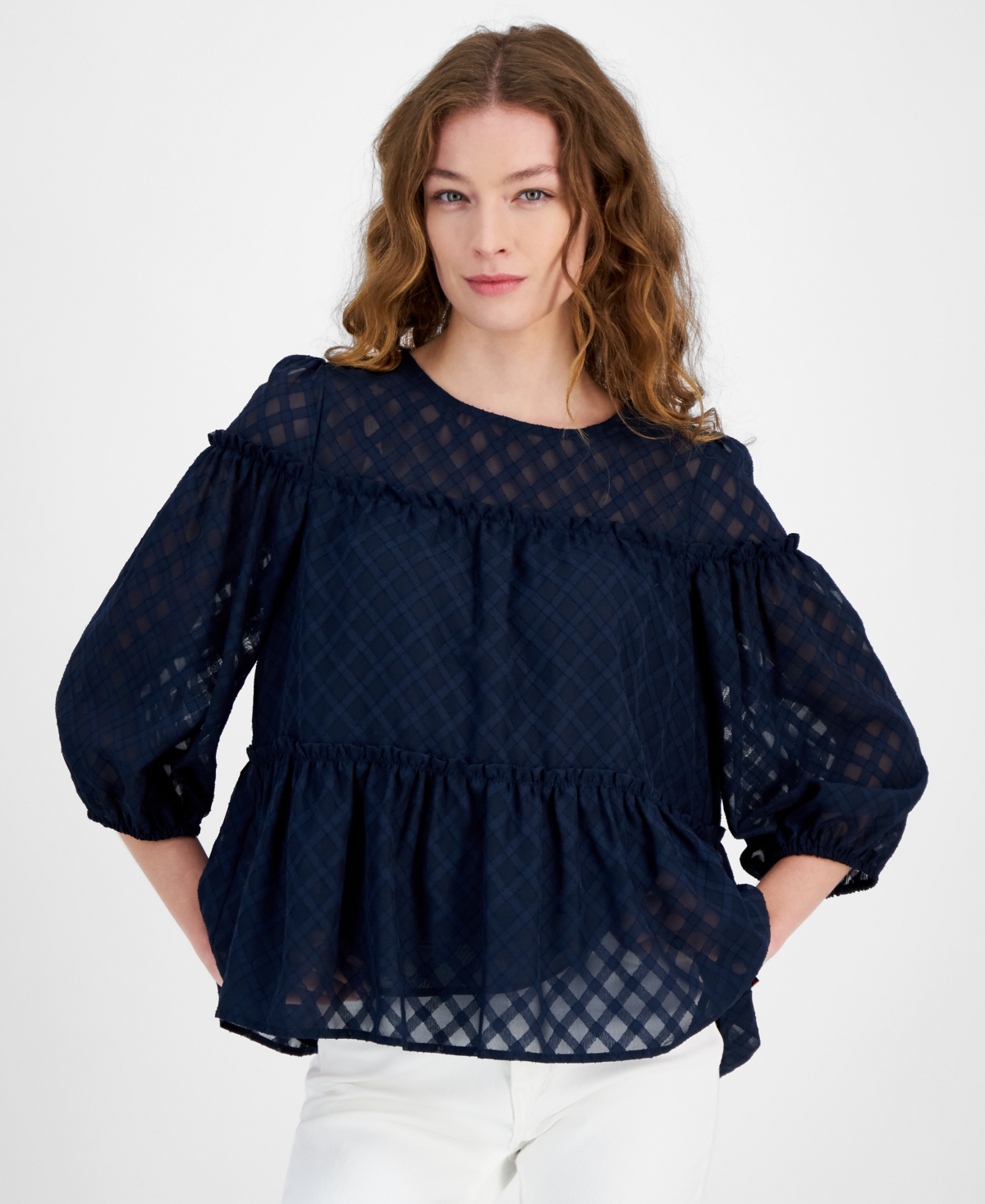 Tommy Hilfiger Women's Lattice Clip-Dot Balloon-Sleeve Blouse