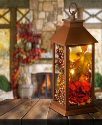 12" Harvest Lantern with LED Lights, Filled with Pumpkins, Leaves, Flowers, Berry Clusters, 12 inches