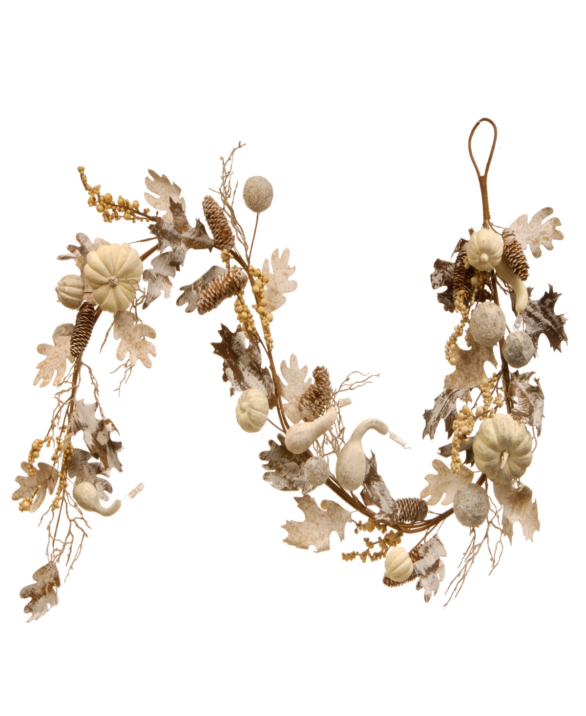 6' Artificial Autumn Garland, White, Made with Pumpkins, Gourds, Maple Leaves, Pinecones, Berry Clusters, Autumn Collection - Wh