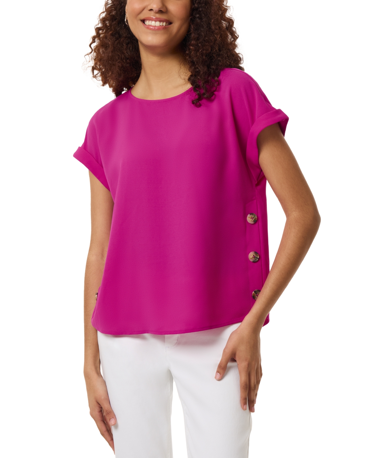 Petite Short-Sleeve Side-Button Top - Bright Orchid