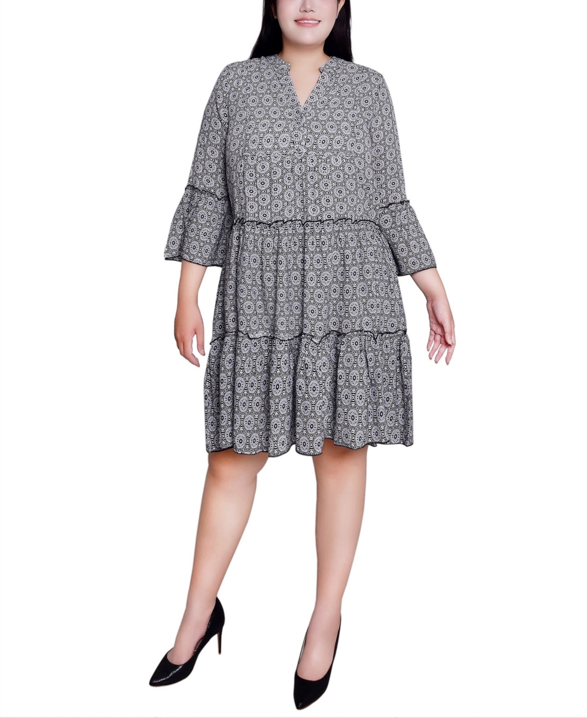 Ny Collection Plus Size 3/4 Sleeve Tiered Dress In Black White Geo