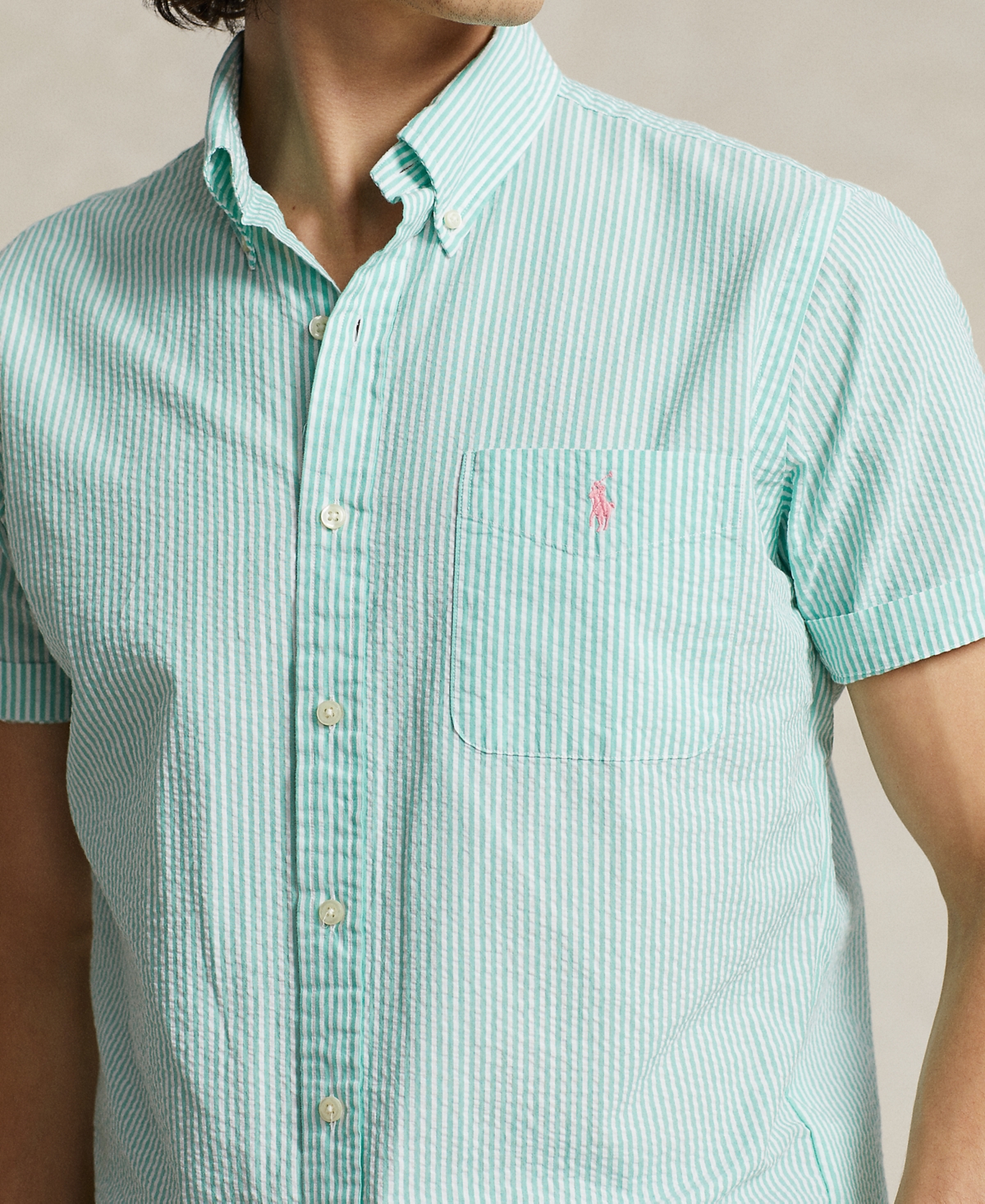 Polo Ralph Lauren Stripe Seersucker Short Sleeve Button-down Shirt In Keywest Green,white