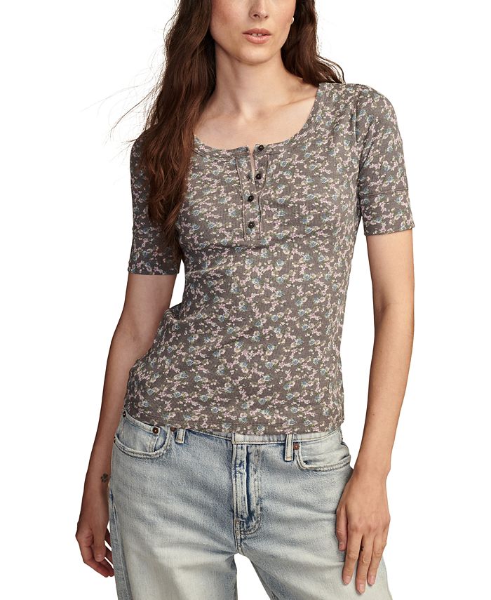 Lucky Brand Women's Printed Ribbed Short-Sleeve Henley Tee - Macy's