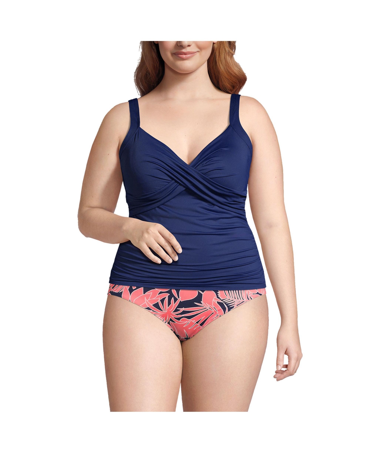 Plus Size V-Neck Wrap Underwire Tankini Swimsuit Top - Deep sea navy ditsy floral