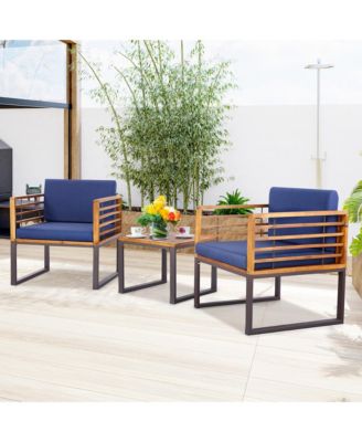 3PCS Acacia Wood Patio Bistro Set Outdoor Conversation Furniture Set w/ Navy Cushions