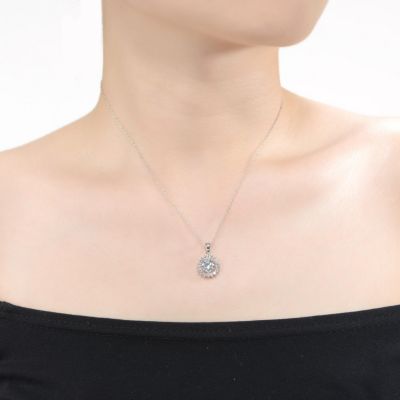 White Gold Plated Round Cubic Zirconia Flower Style Pendant Necklace