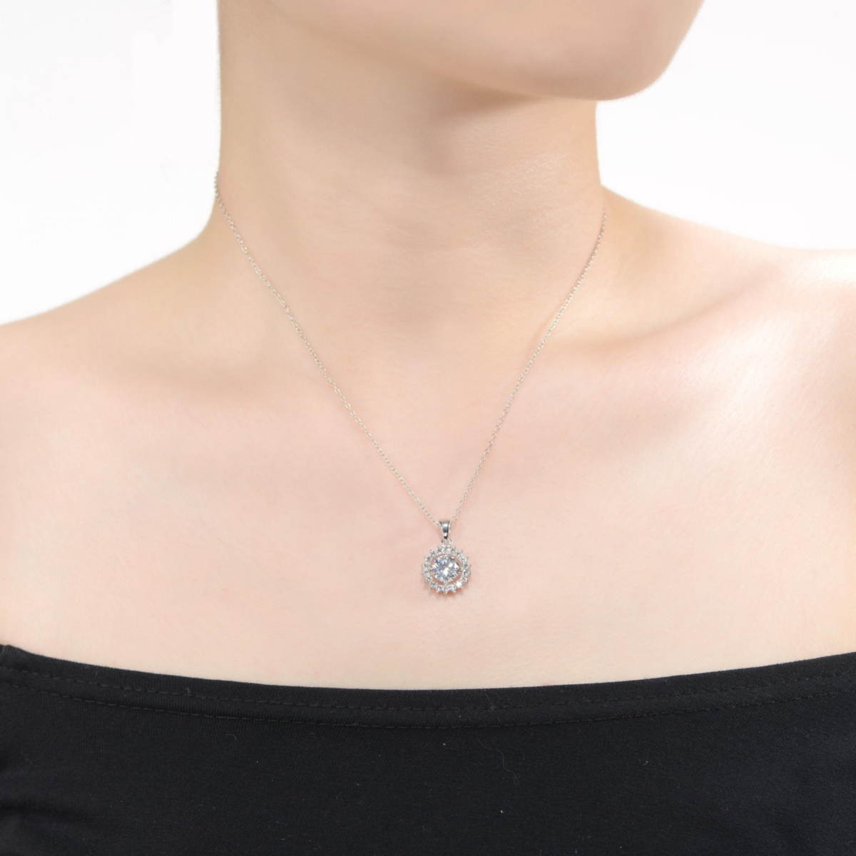 Rachel Glauber White Gold Plated Round Cubic Zirconia Flower Style Pendant Necklace