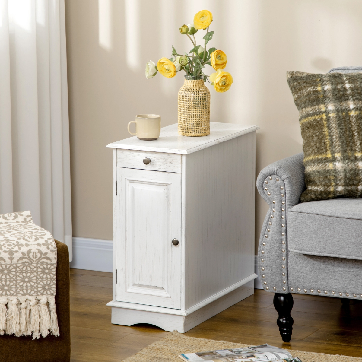 Homcom Side Table with Flip Top, End Table with Drawer and Cabinet- White